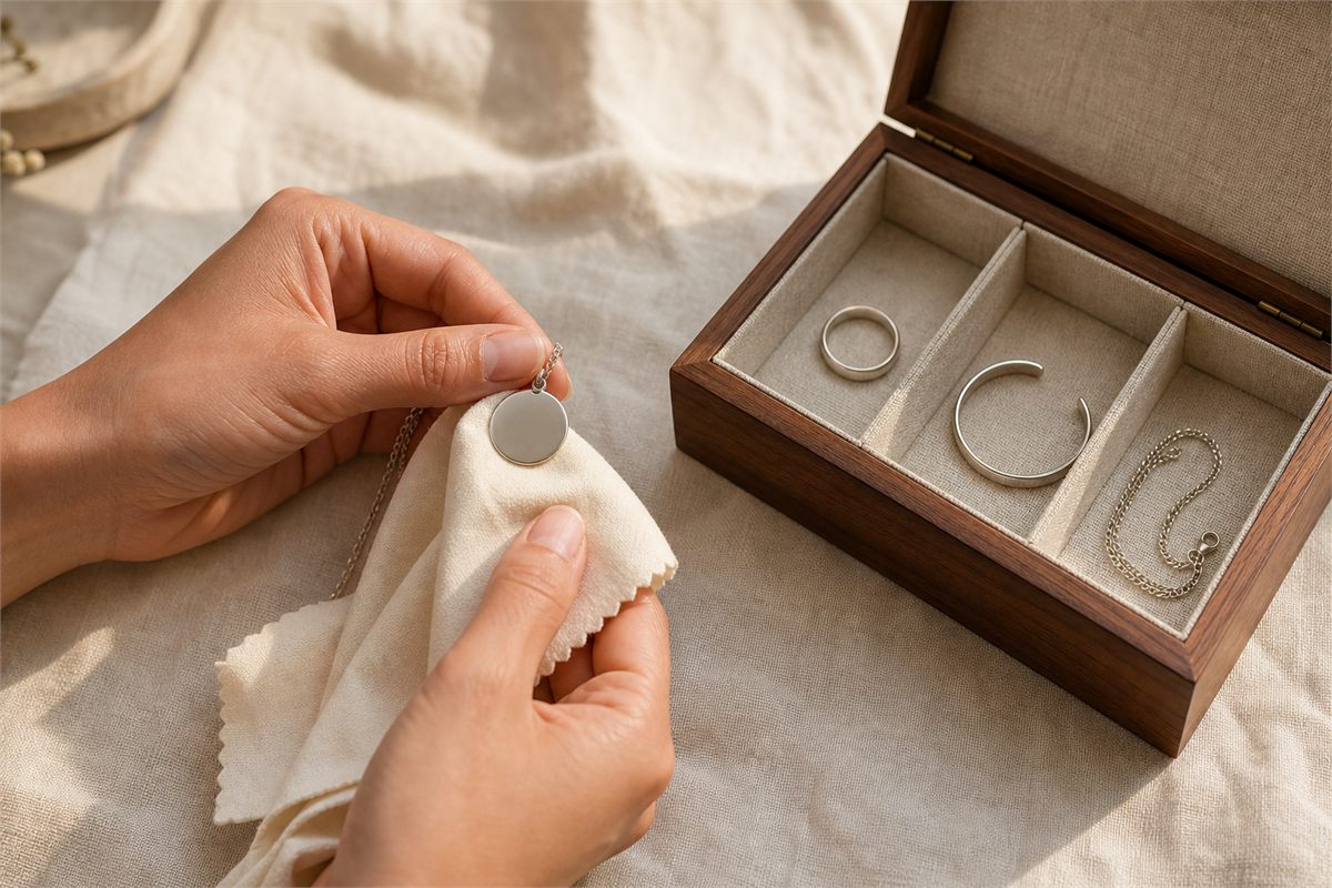 Hands wiping a plain pendant with a soft dry cloth beside a compartmented jewelry box