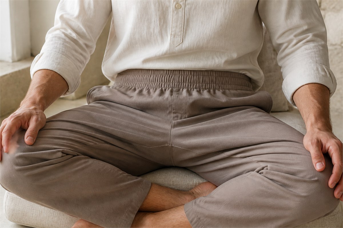 Close view of a soft broad waistband and roomy trousers during cross-legged sitting