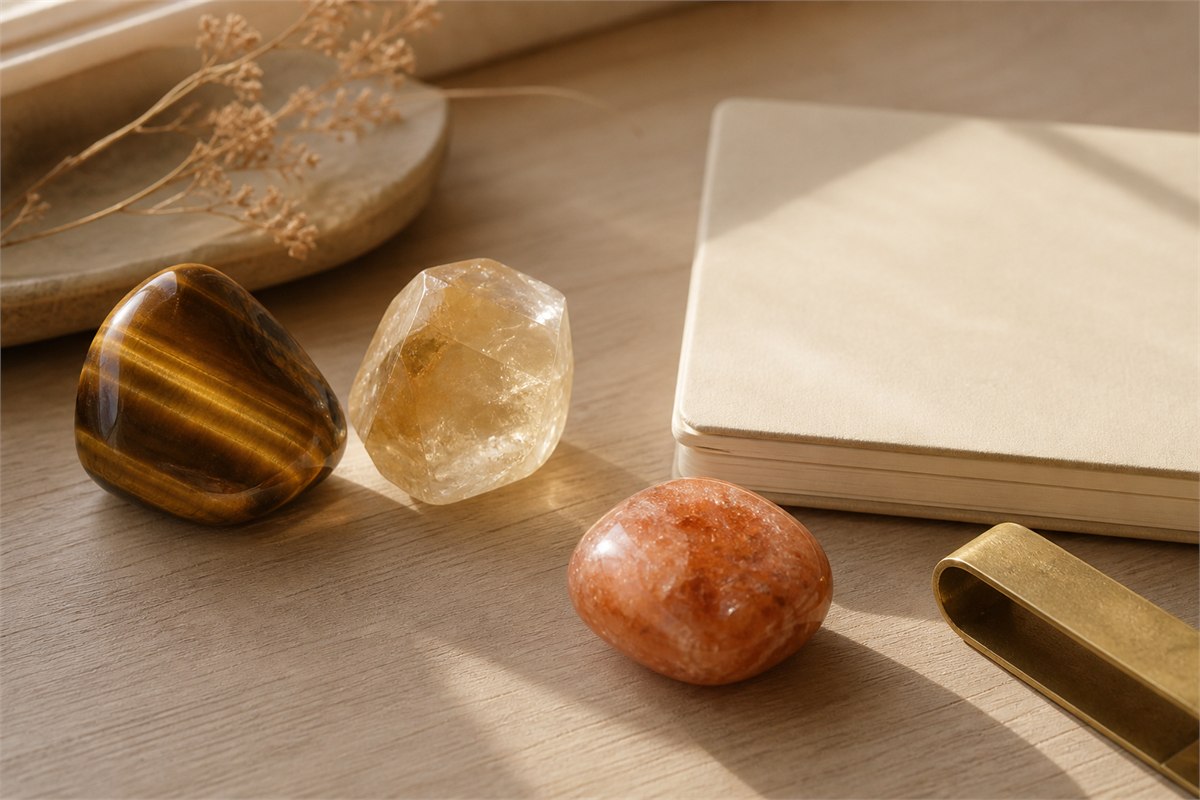 Tiger's eye, citrine, and sunstone beside a blank notebook in golden natural light