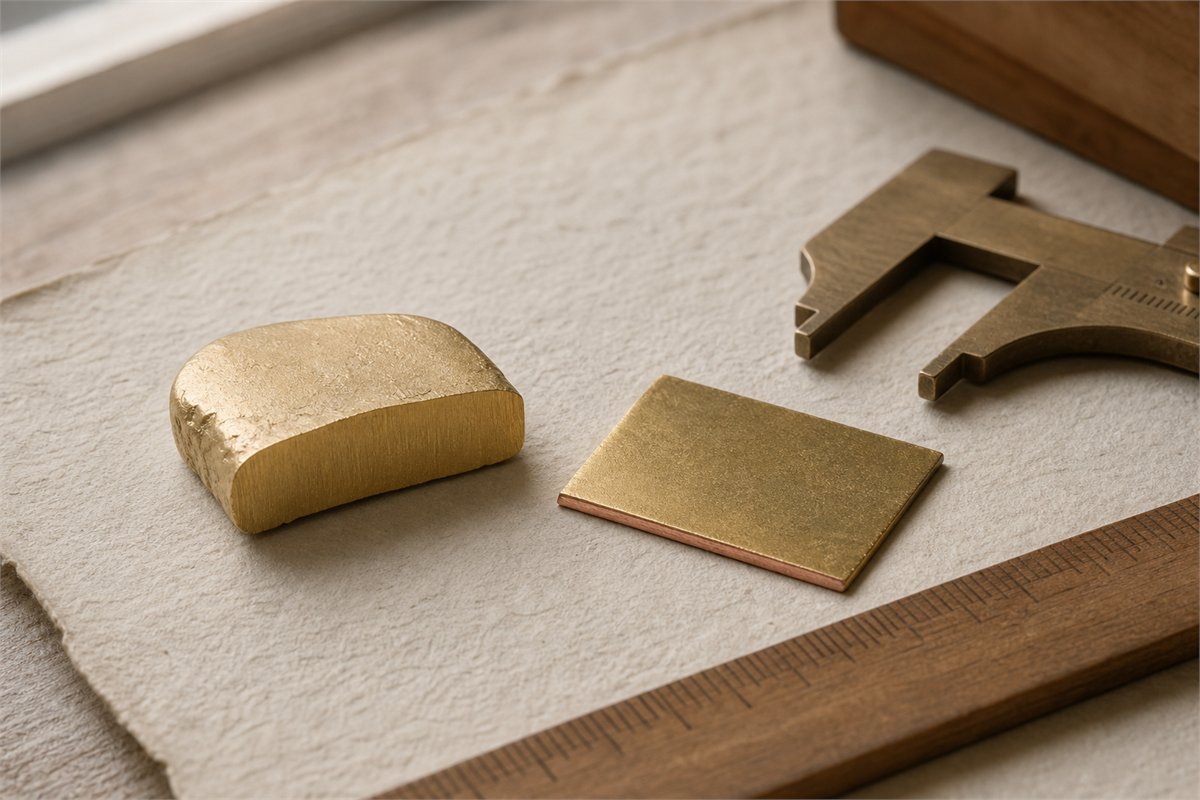 Gold alloy samples beside calipers and a metal ruler