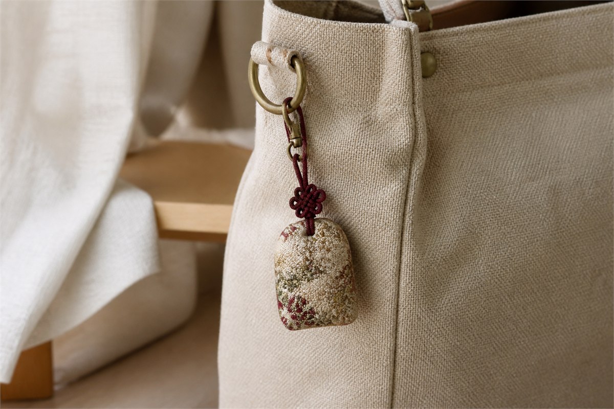 Compact brocade charm attached by a secure clasp to the side ring of an oatmeal canvas bag