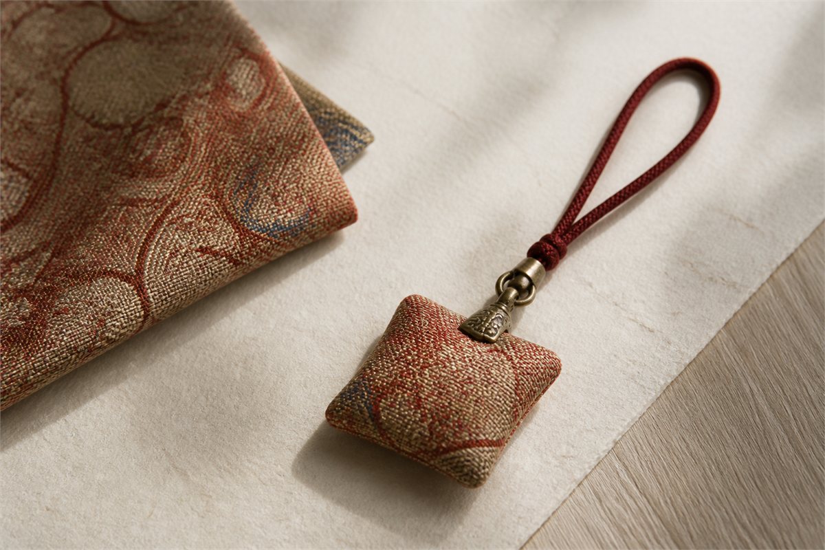 Small padded brocade charm with red cord beside a folded patterned textile on ivory paper