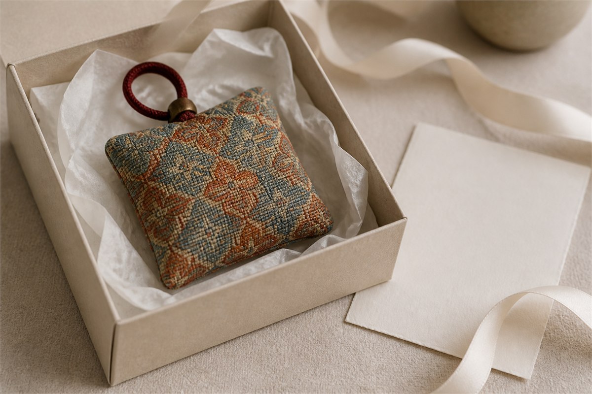 Square woven textile charm in an oatmeal gift box beside a blank handmade card