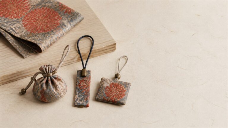 Three contemporary brocade charms beside a folded woven textile on warm ivory paper and pale wood