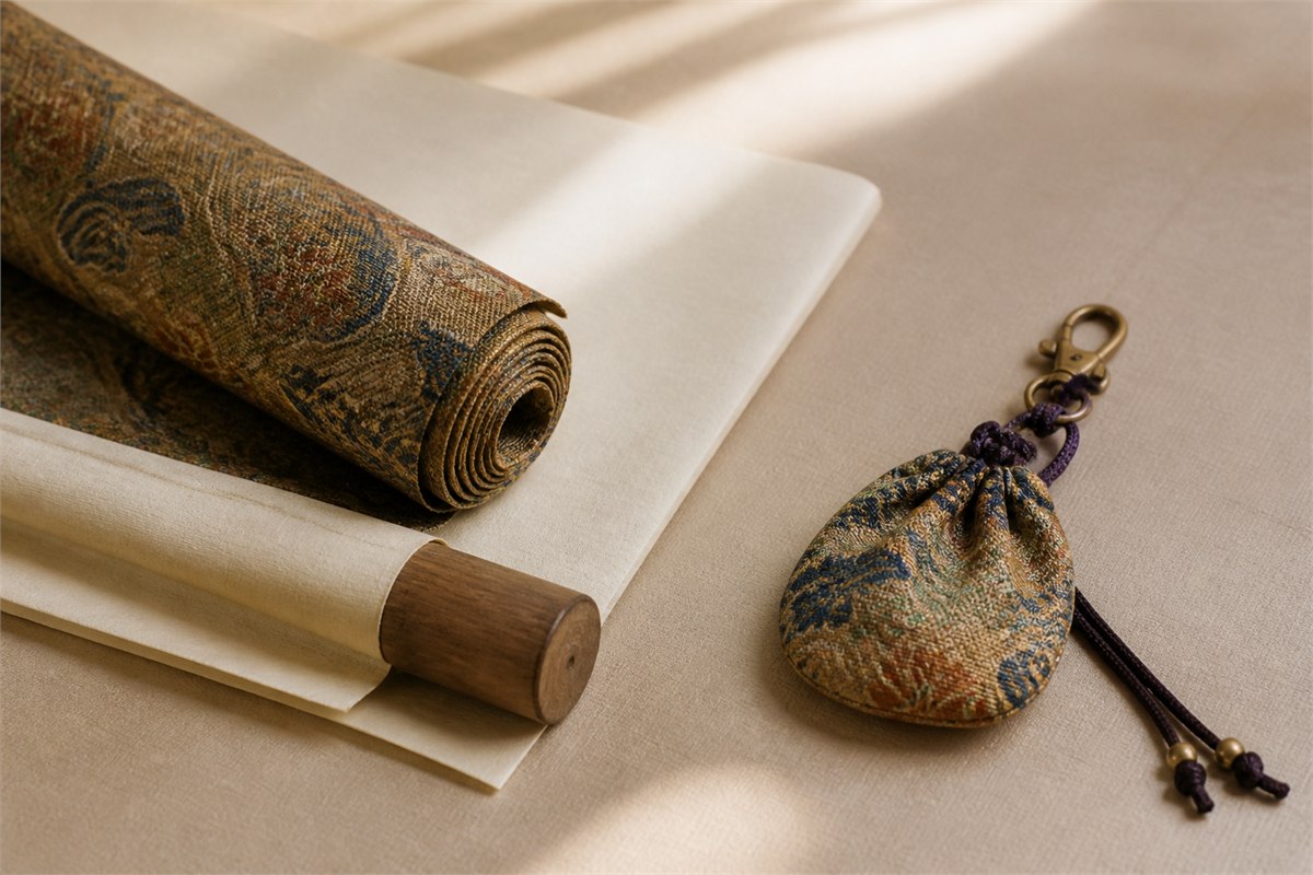 Rolled patterned brocade and mounting paper beside a contemporary fabric pouch charm