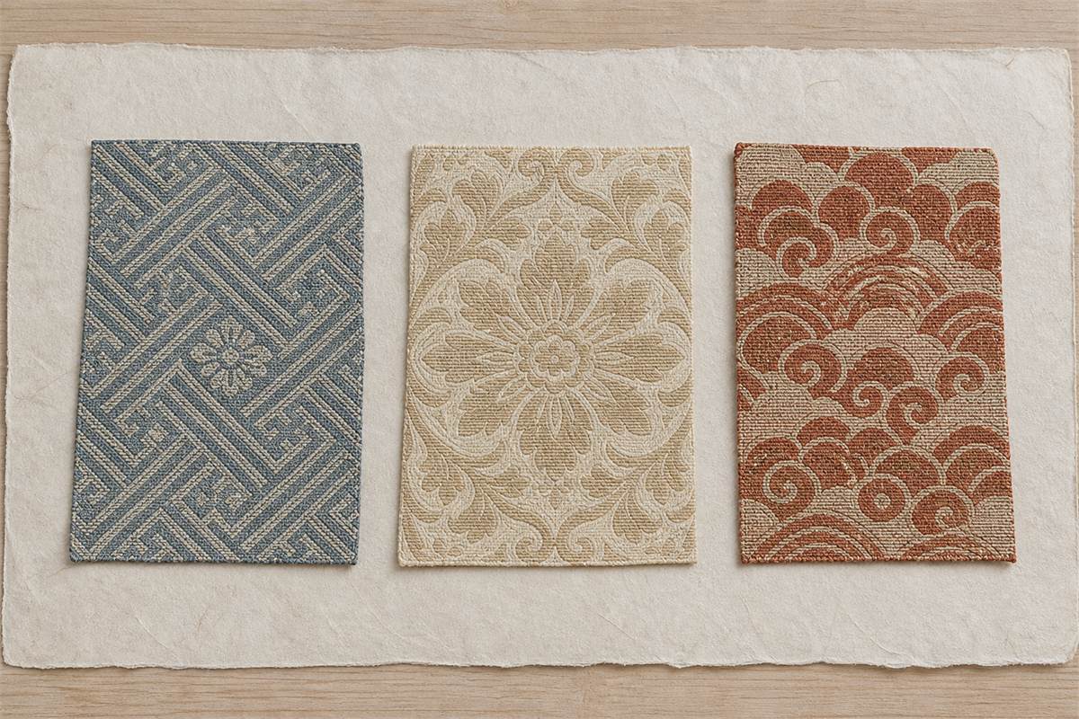 Three woven textile swatches with geometric lattice, stylized floral, and cloud-like repeating motifs