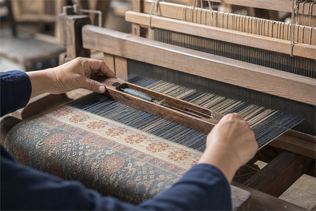 Adult artisan hands guiding a wooden shuttle through warp threads as patterned brocade emerges