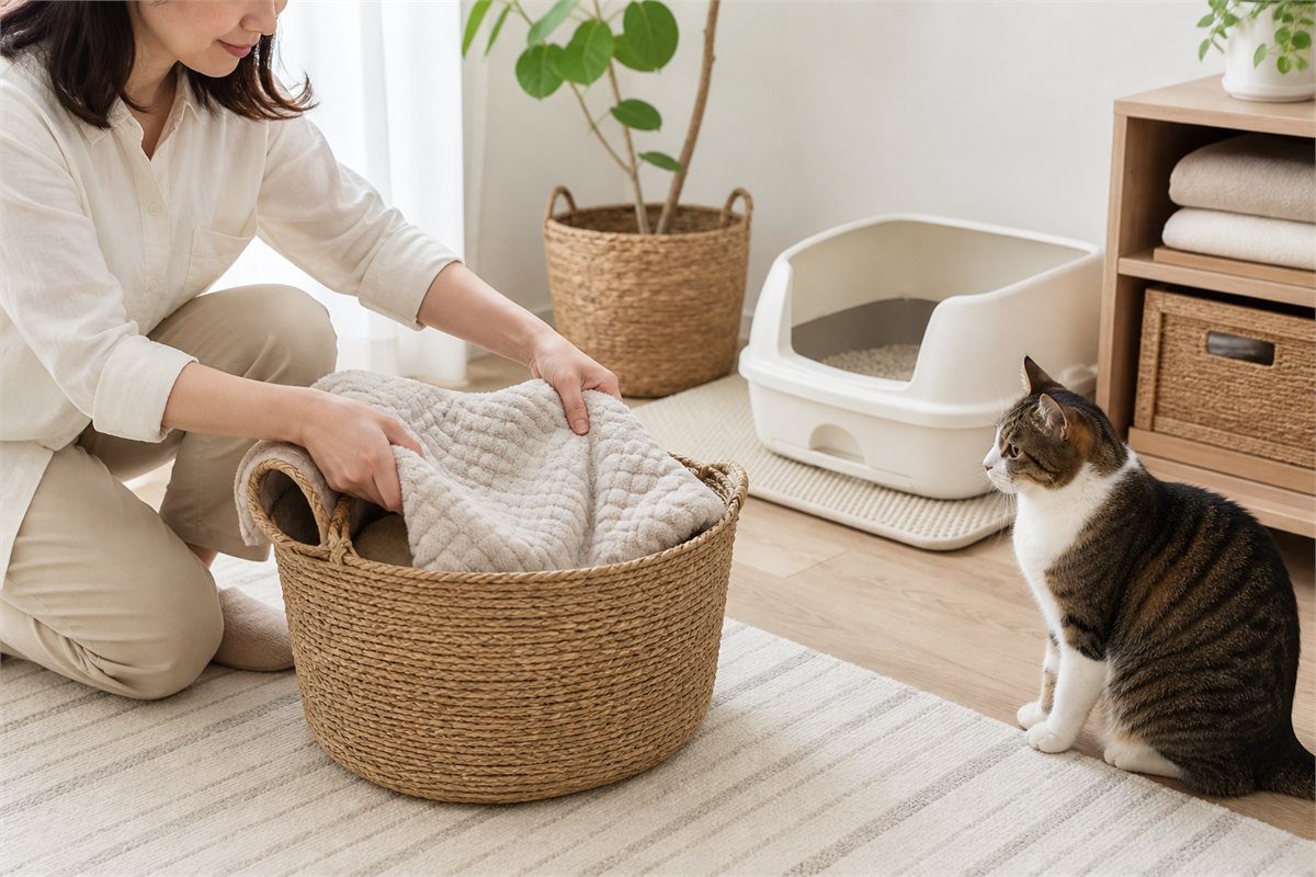 Person placing a freshly washed cat blanket into a woven basket beside a clean litter area