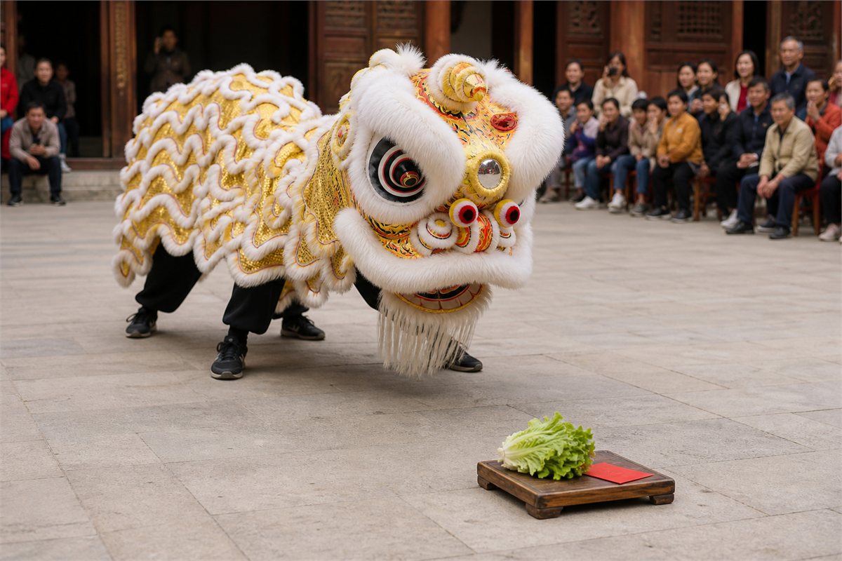 Southern lion dance approaching lettuce and a plain red envelope during cai qing
