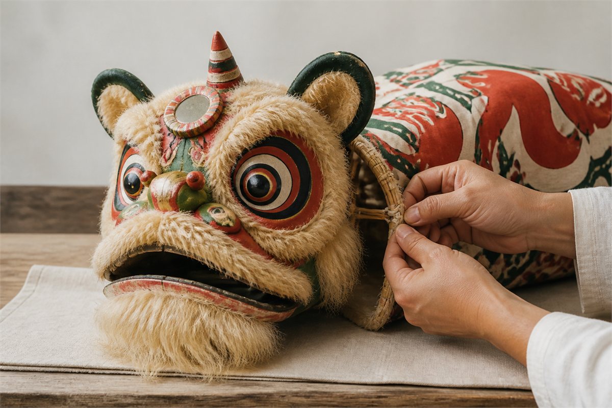 Close view of a Southern lion head with coherent eyes ears horn beard jaw and cloth connection