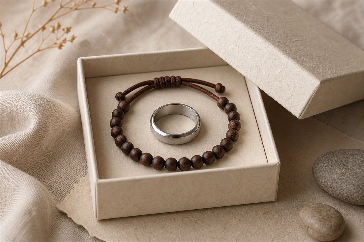 Plain silver spinning ring and wooden bead bracelet in an ivory paper gift box