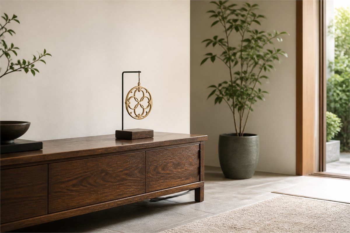 Abstract brass pendant on a stable stand above a low wooden console in a bright uncluttered home