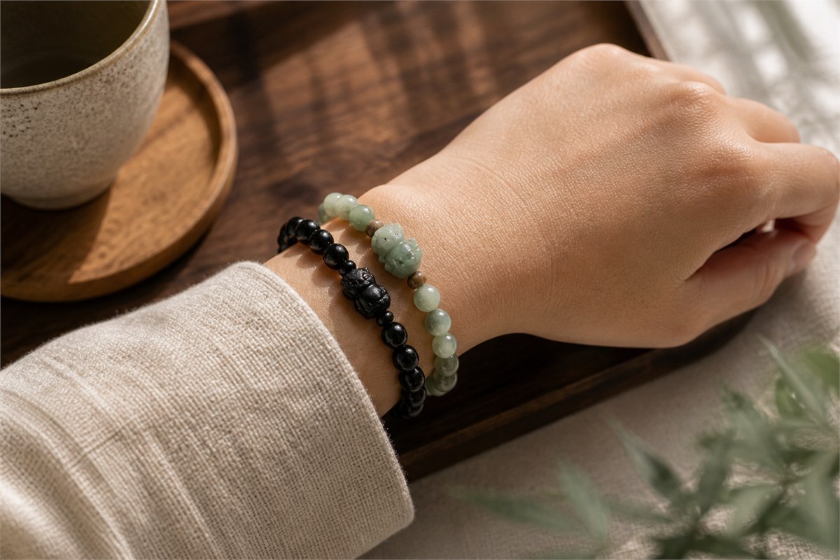Black and pale green beaded bracelets worn with comfortable space on one wrist