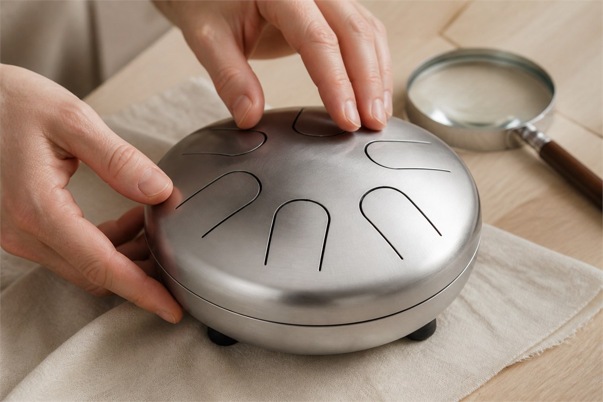 Adult hands inspecting smooth tongue cuts and the seam of a brushed steel tongue drum