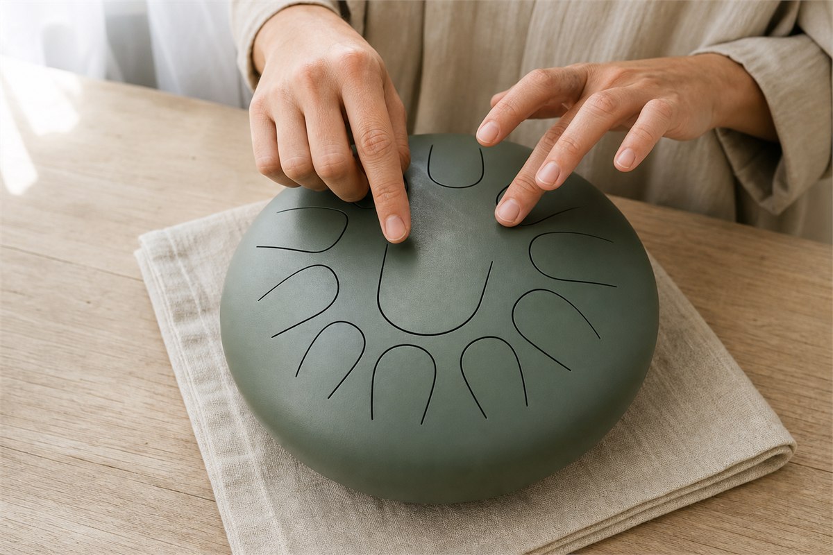 Adult fingertips lightly tapping the cut tongues of a muted jade steel drum