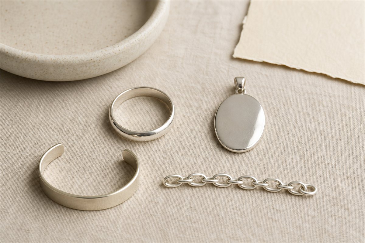 Plain ring, pendant, cuff, and chain samples with subtly different silver-colored finishes