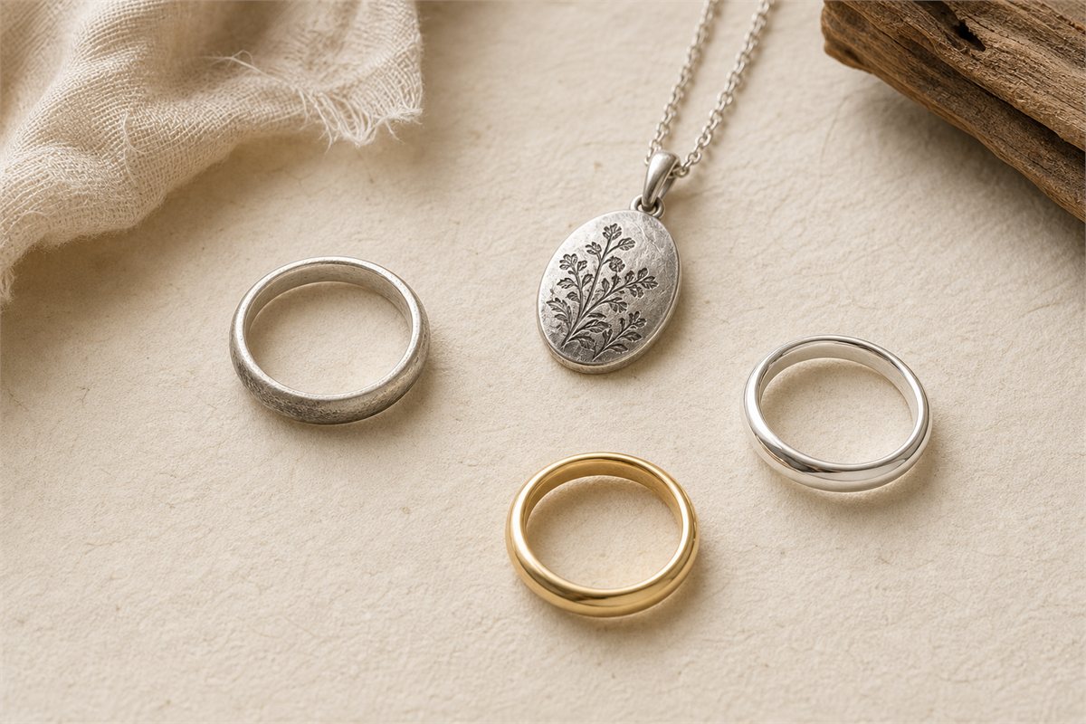 Sterling silver ring and pendant with subtle edge tarnish beside clean silver and yellow gold jewelry