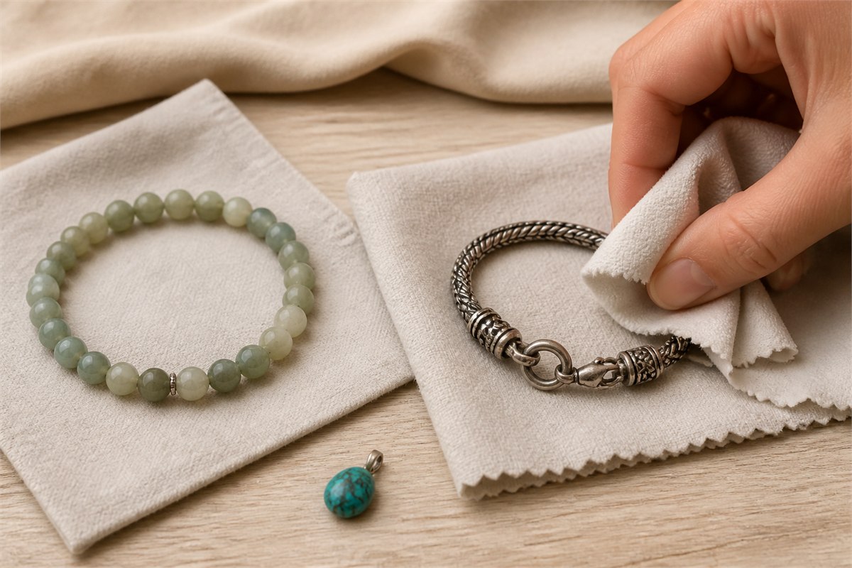 Green stone and silver bracelets being wiped separately with soft cloths