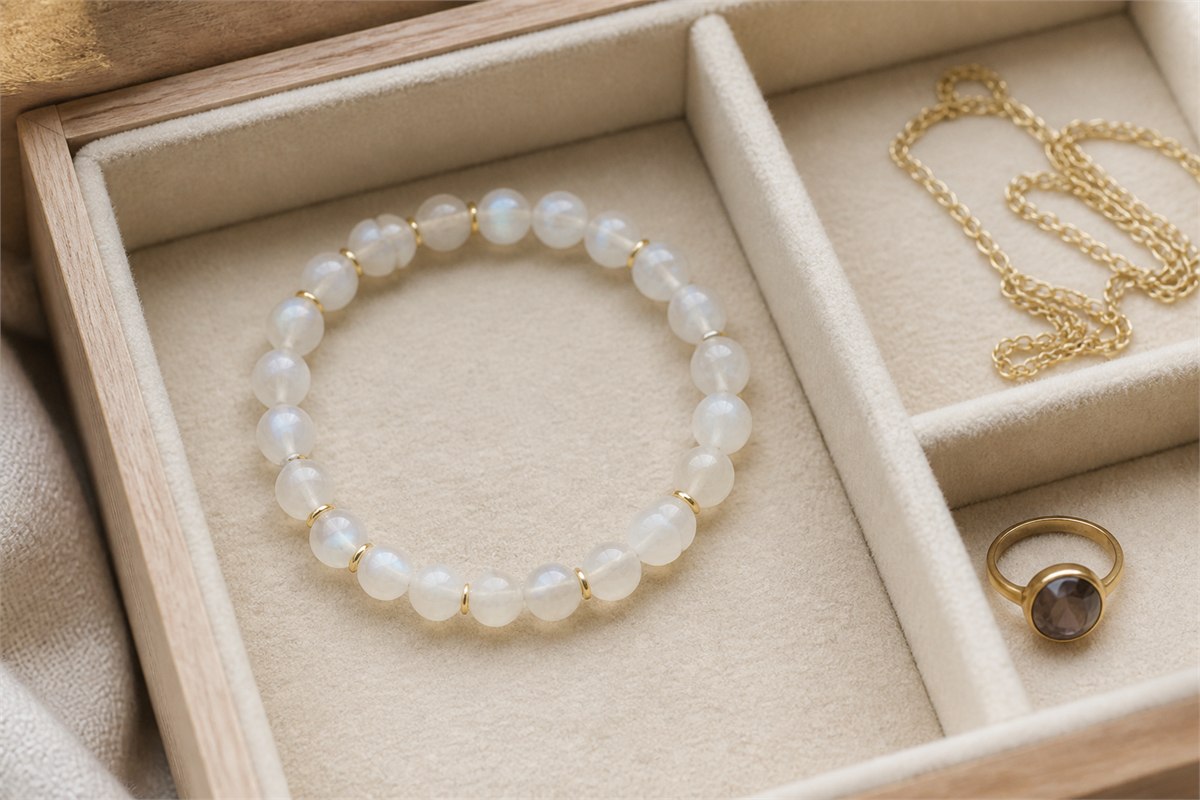 White moonstone bracelet stored in a separate padded jewelry compartment