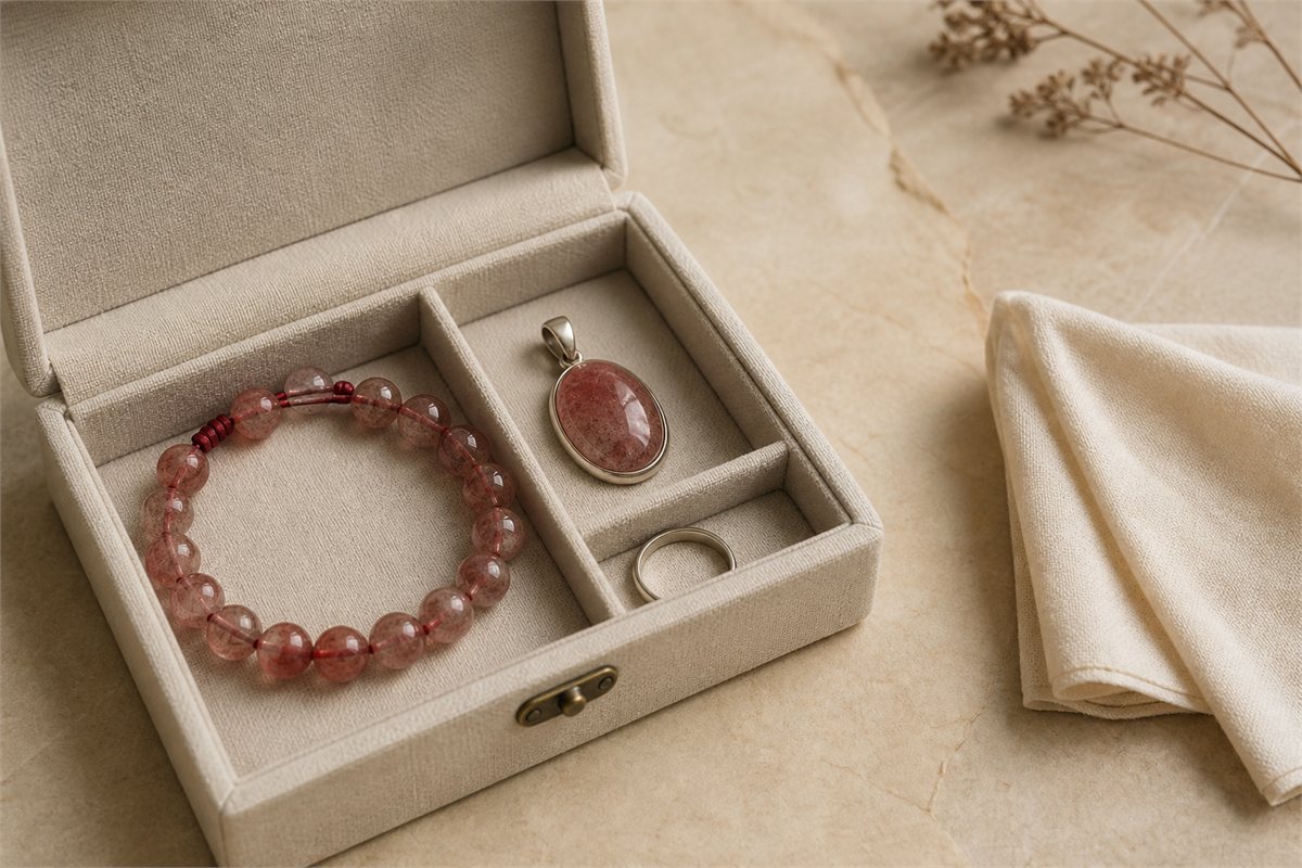 Strawberry quartz bracelet and pendant stored separately in a soft-lined jewelry box