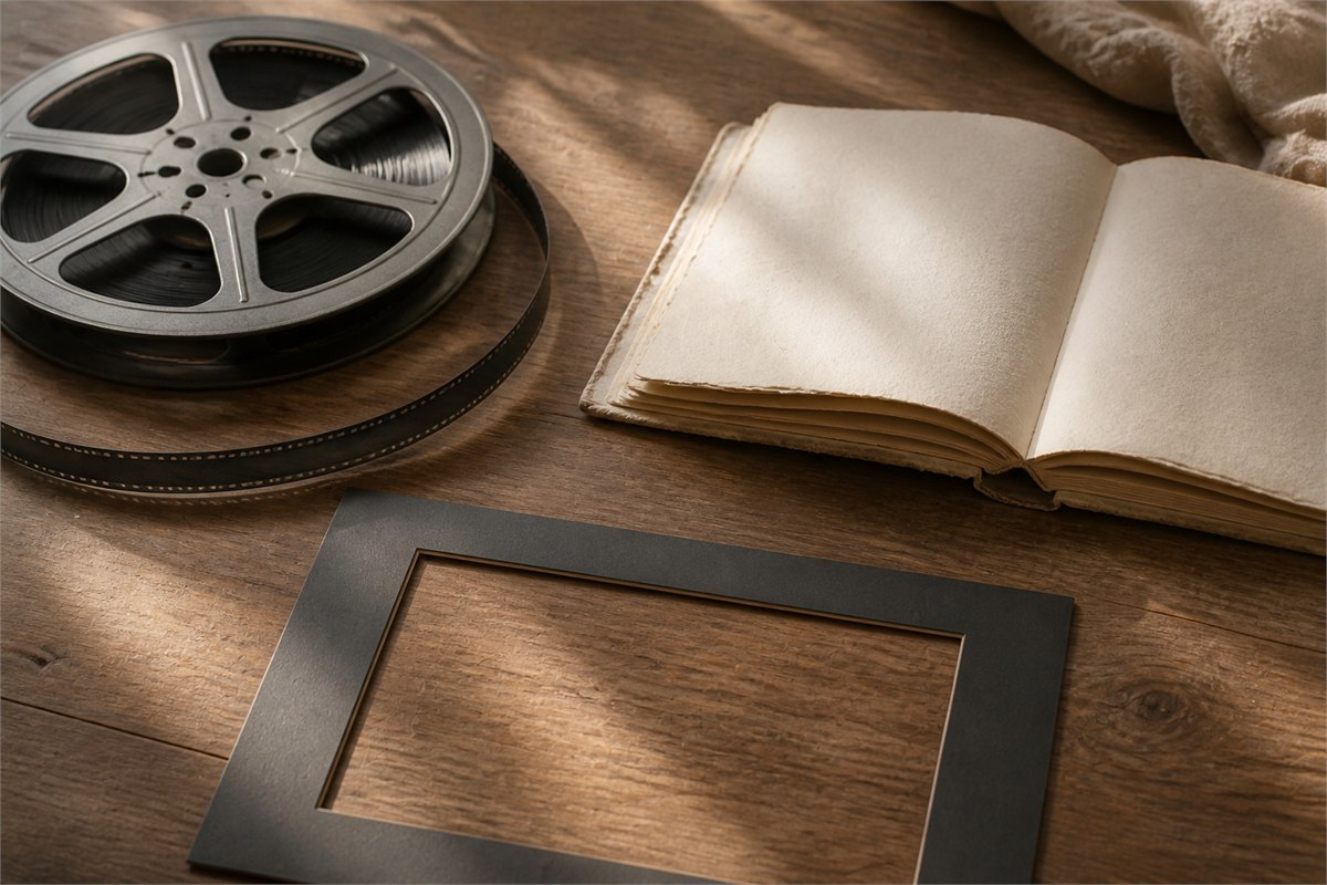 A blank storybook, film reel, and empty viewing frame arranged on a wooden table