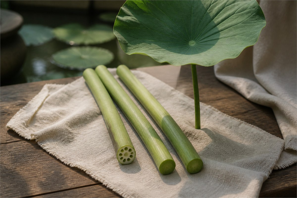 Upright unbranched lotus stems with a cut section showing natural internal channels