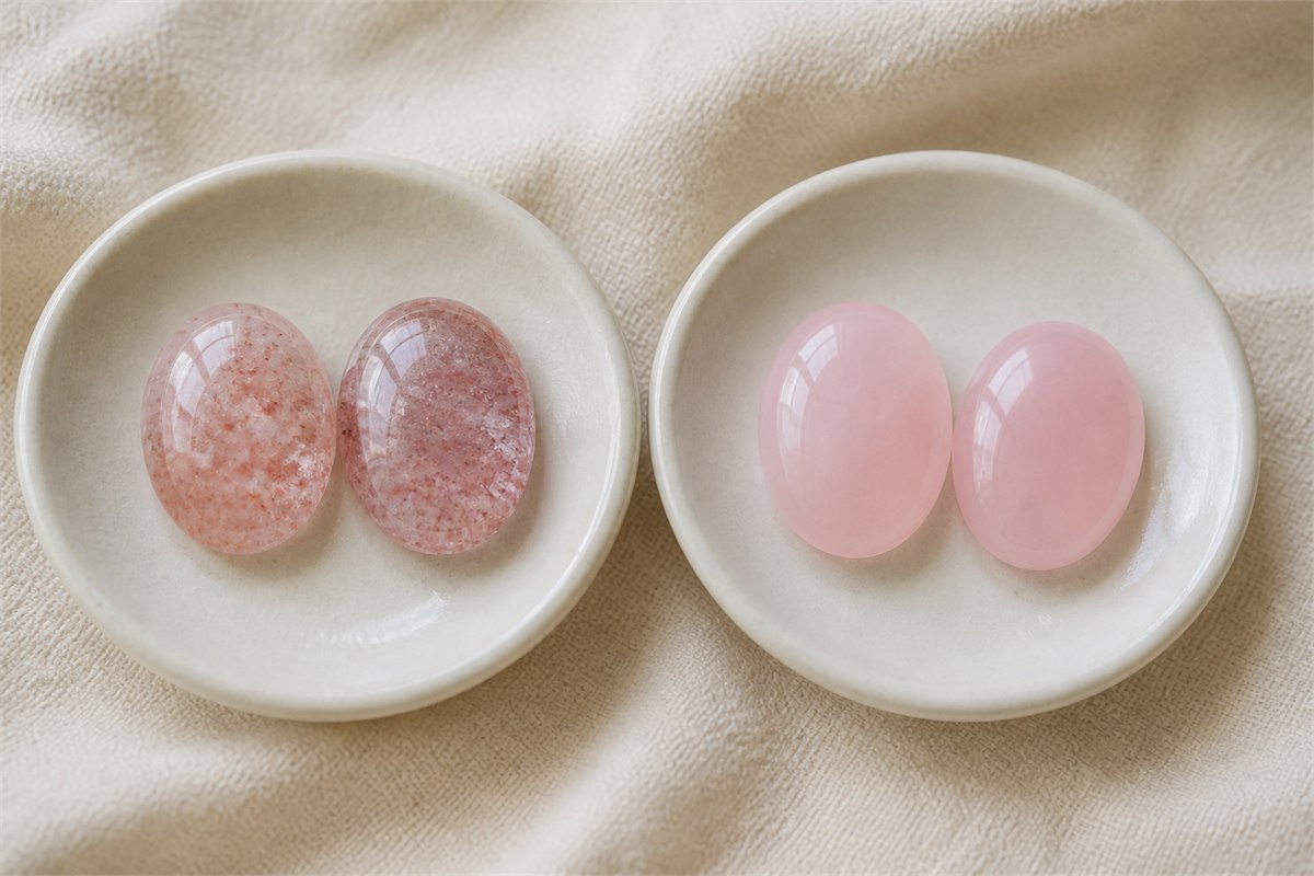 Red-flecked strawberry quartz cabochons beside softly clouded rose quartz cabochons