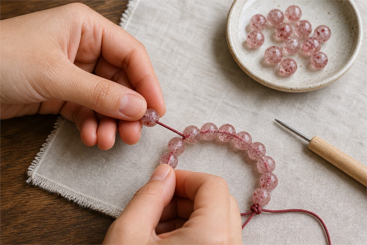 Hands threading red-flecked strawberry quartz beads on a strong rose-colored cord