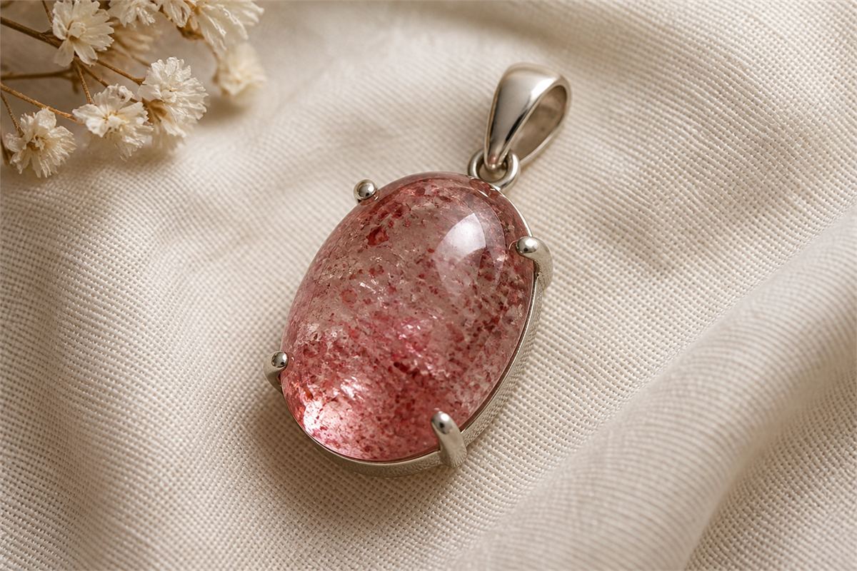 Oval strawberry quartz cabochon pendant with secure prongs and a formed bail