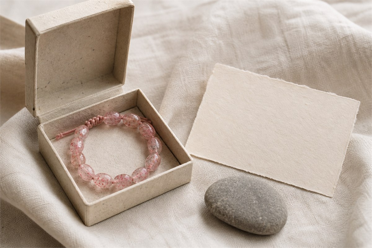 Strawberry quartz bracelet in an open ivory gift box beside a blank card