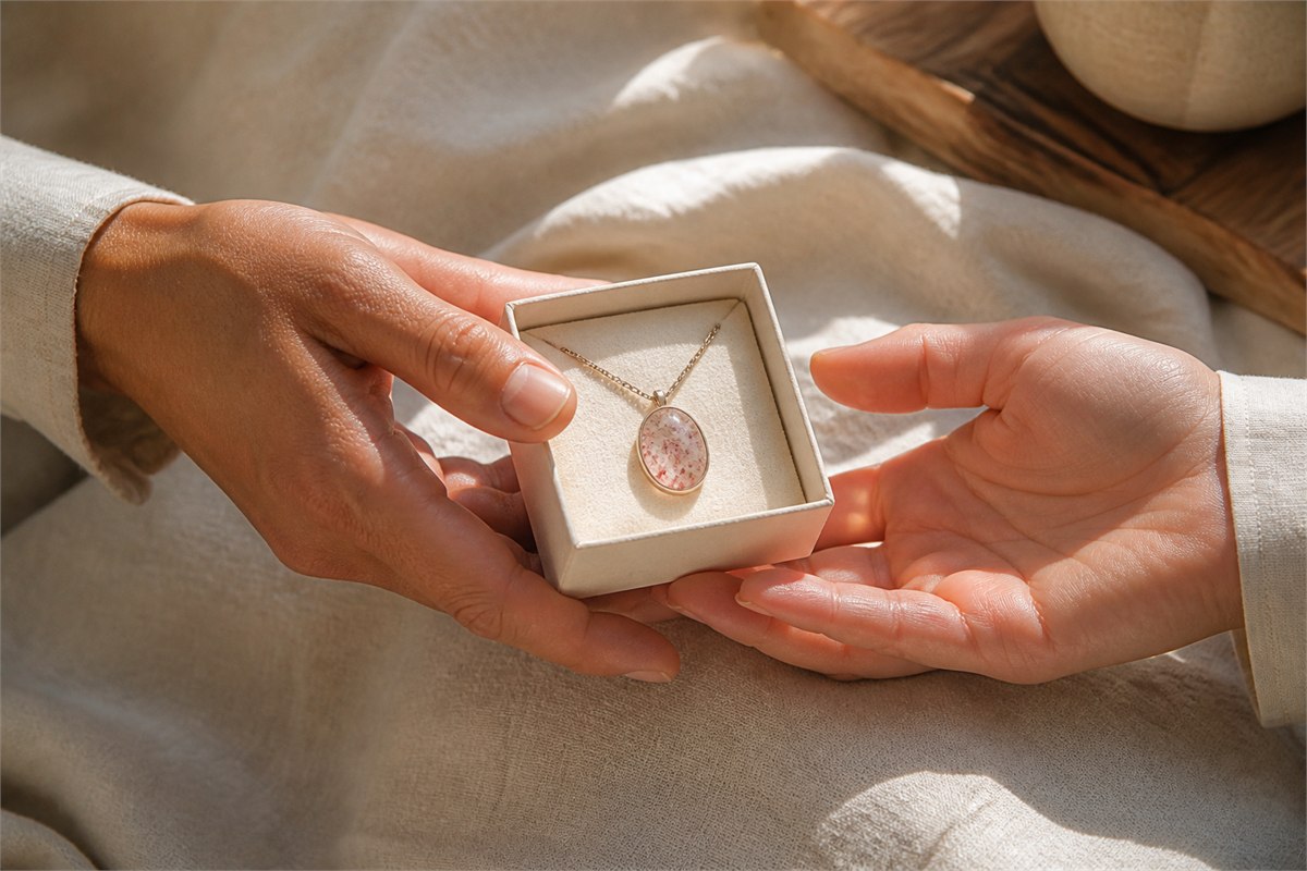 One person offering another a strawberry quartz pendant in a small gift box