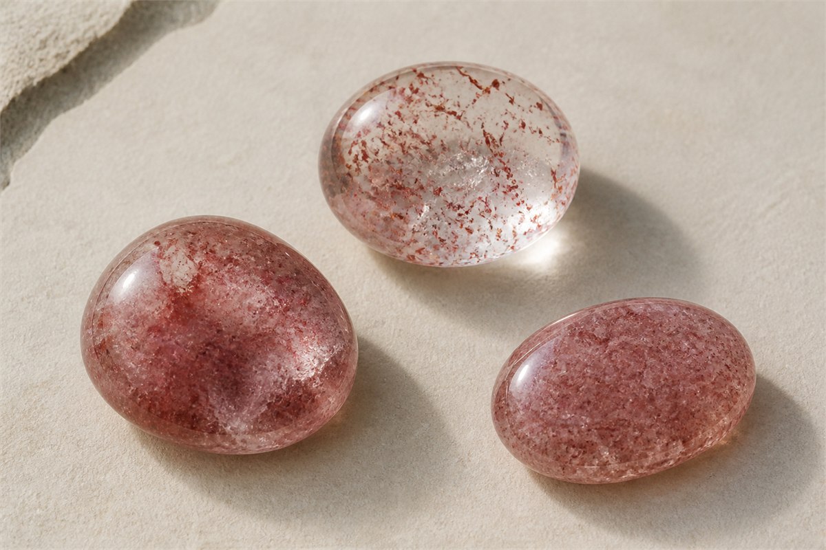 Three pink-red included quartz and quartz-rich polished stones with different internal textures