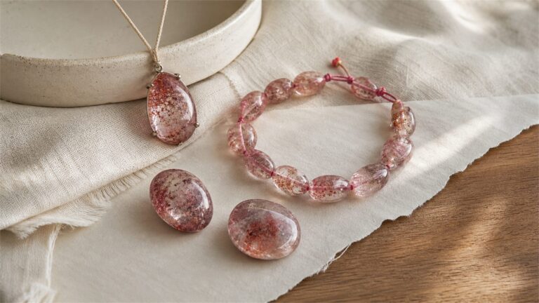 Strawberry quartz bracelet, cabochon pendant, and polished stones on ivory linen