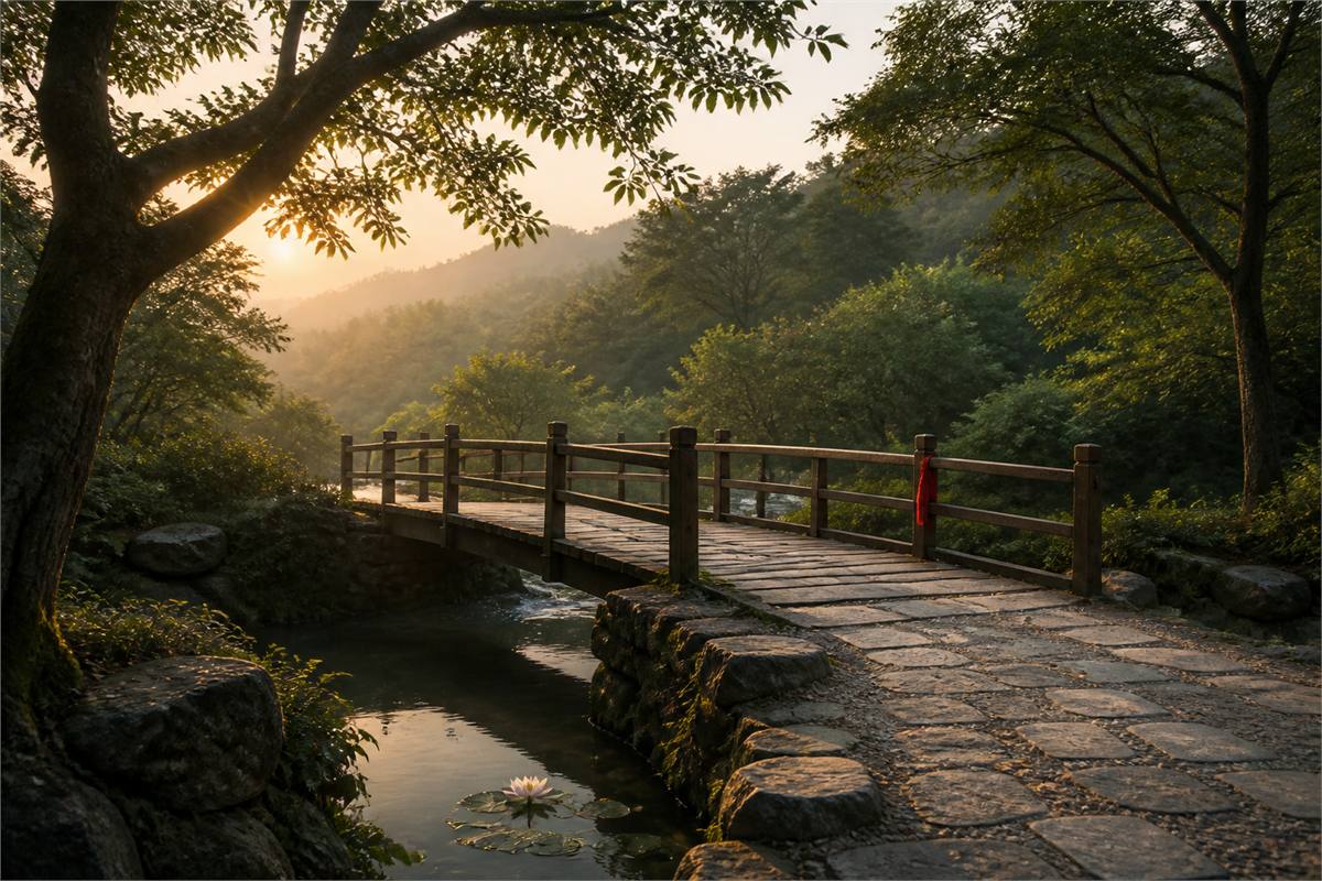 Stone path and wooden bridge over a stream with a lotus and red cloth marker at sunrise