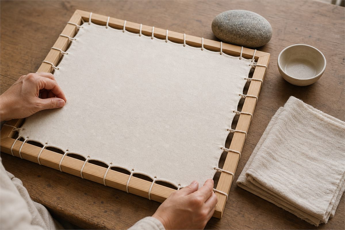 Artisan hands checking evenly laced cotton cloth stretched on a wooden frame