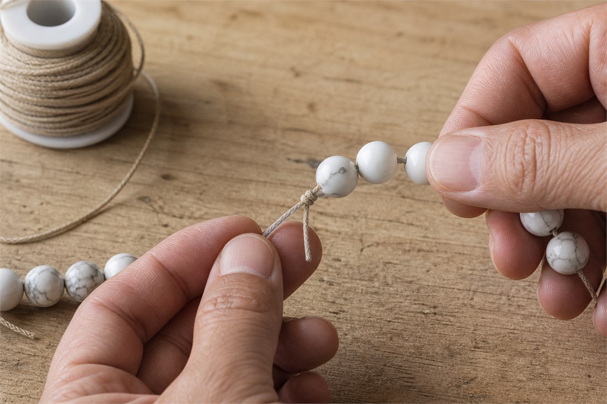 Artisan hands stringing round white veined beads on a secure cord