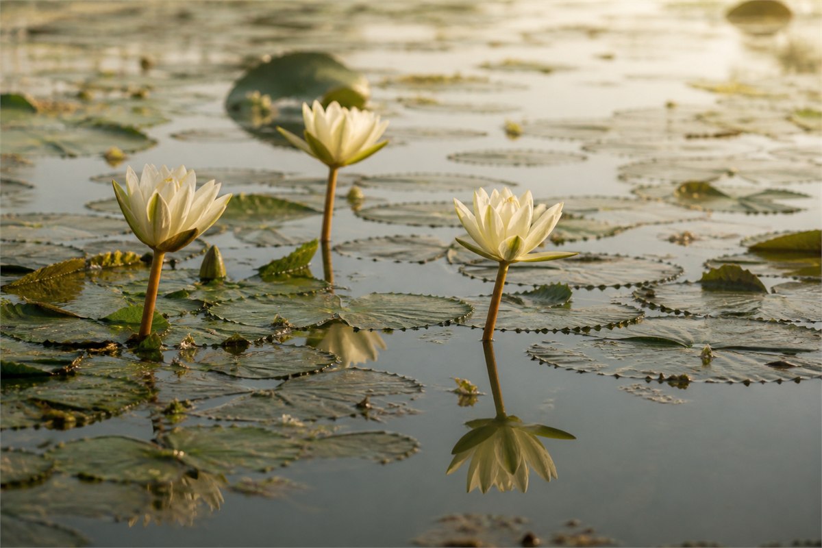 Natural lotus pond with pale blossoms, clear water, and gentle morning reflections
