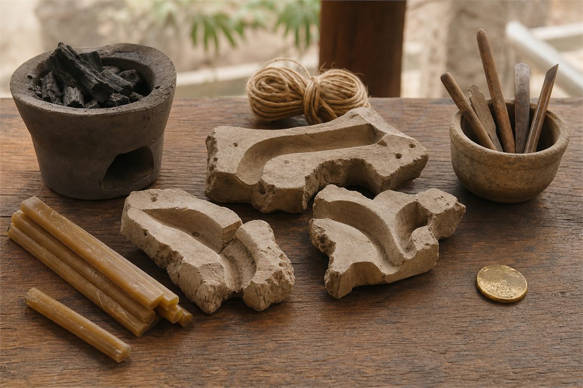 Clay molds, wax rods, casting tools, and a gold-alloy sample