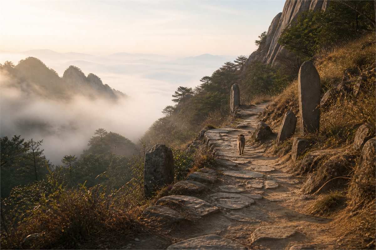 A natural monkey walking past uninscribed stone markers on a mountain path