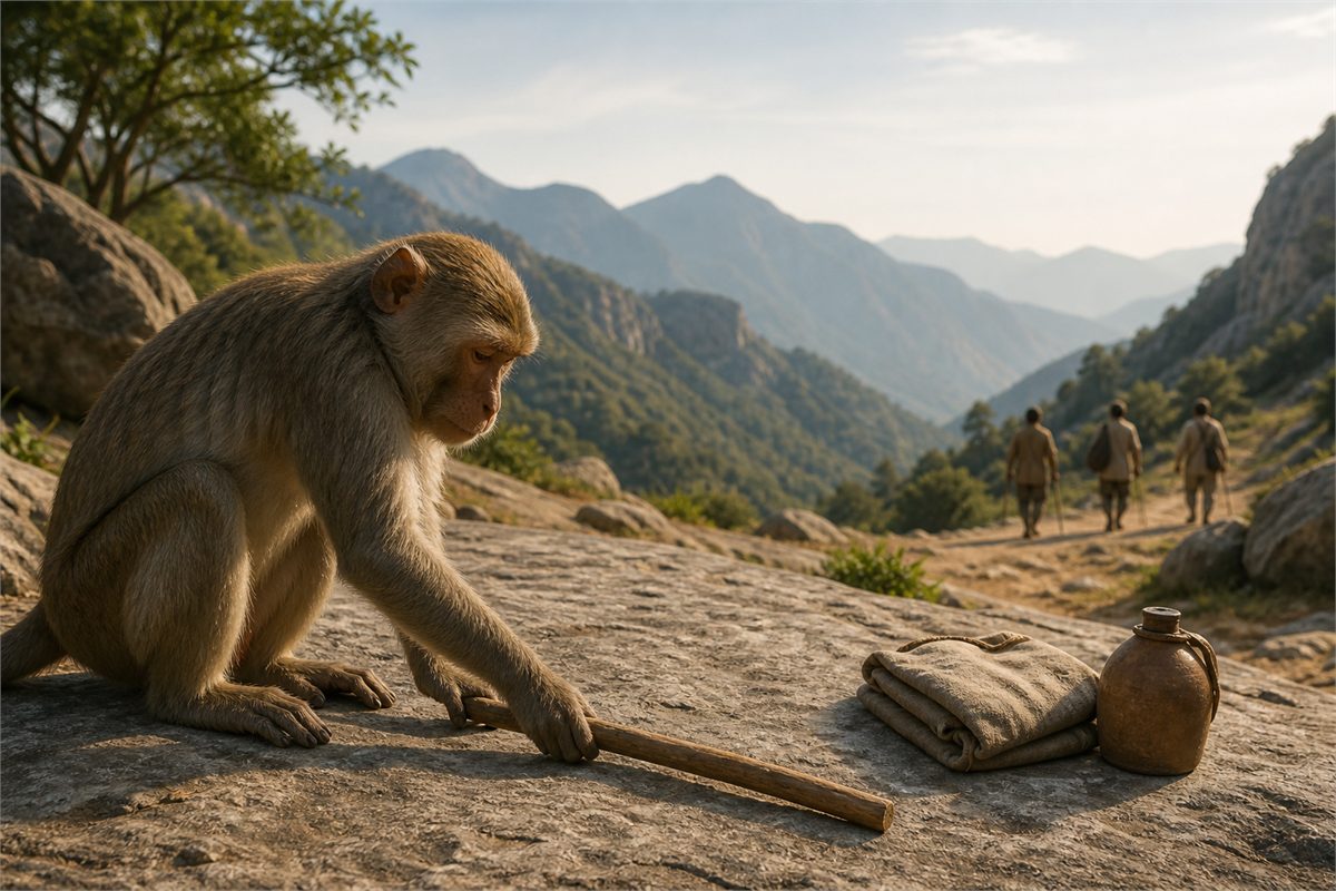 A natural monkey placing a plain staff beside a travel cloth as companions walk ahead