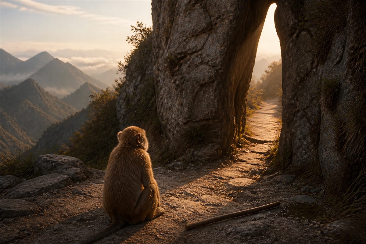 A natural monkey pausing before a narrow sunlit passage on a mountain path