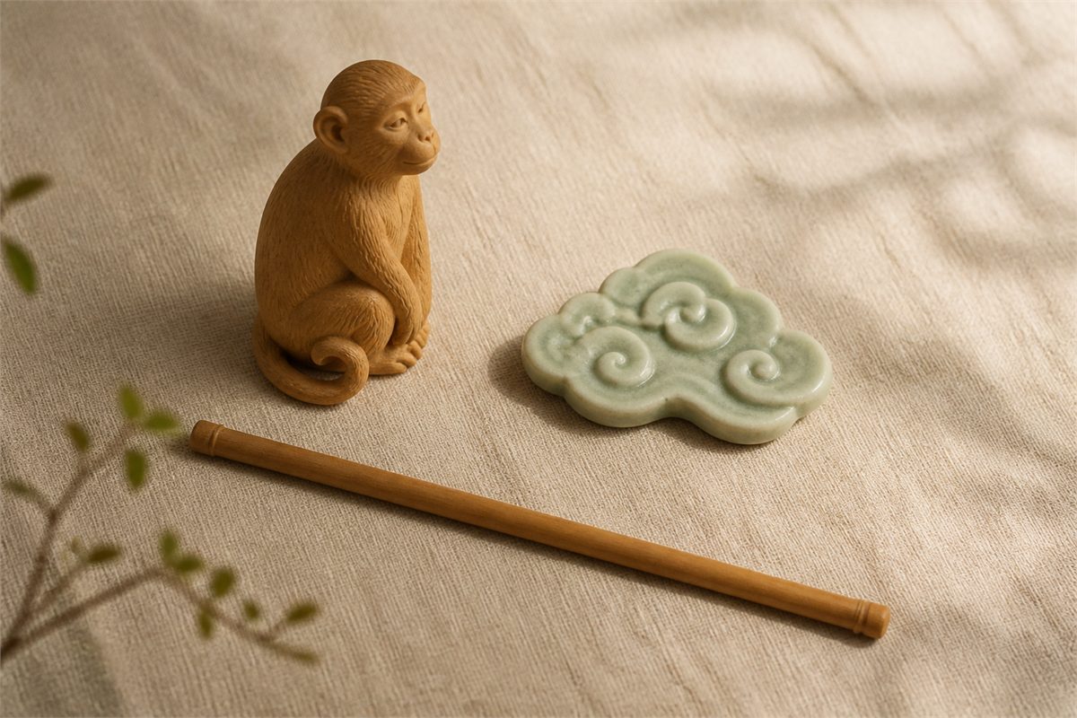 A wooden monkey carving, a celadon cloud tile, and a plain staff charm on linen