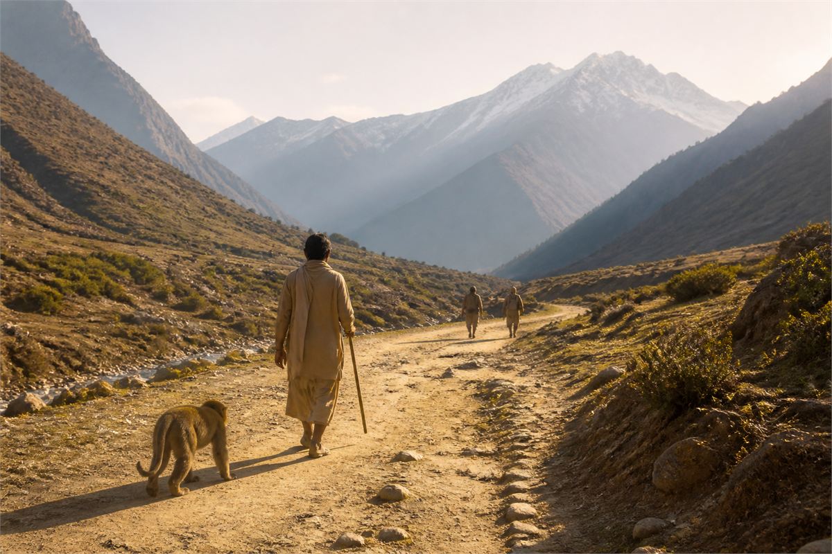 A natural monkey walking beside three distant travelers on a mountain road