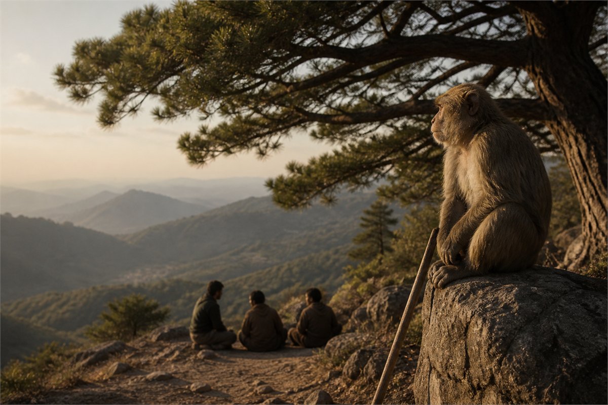 A natural monkey keeping watch while three travelers rest beneath a pine tree