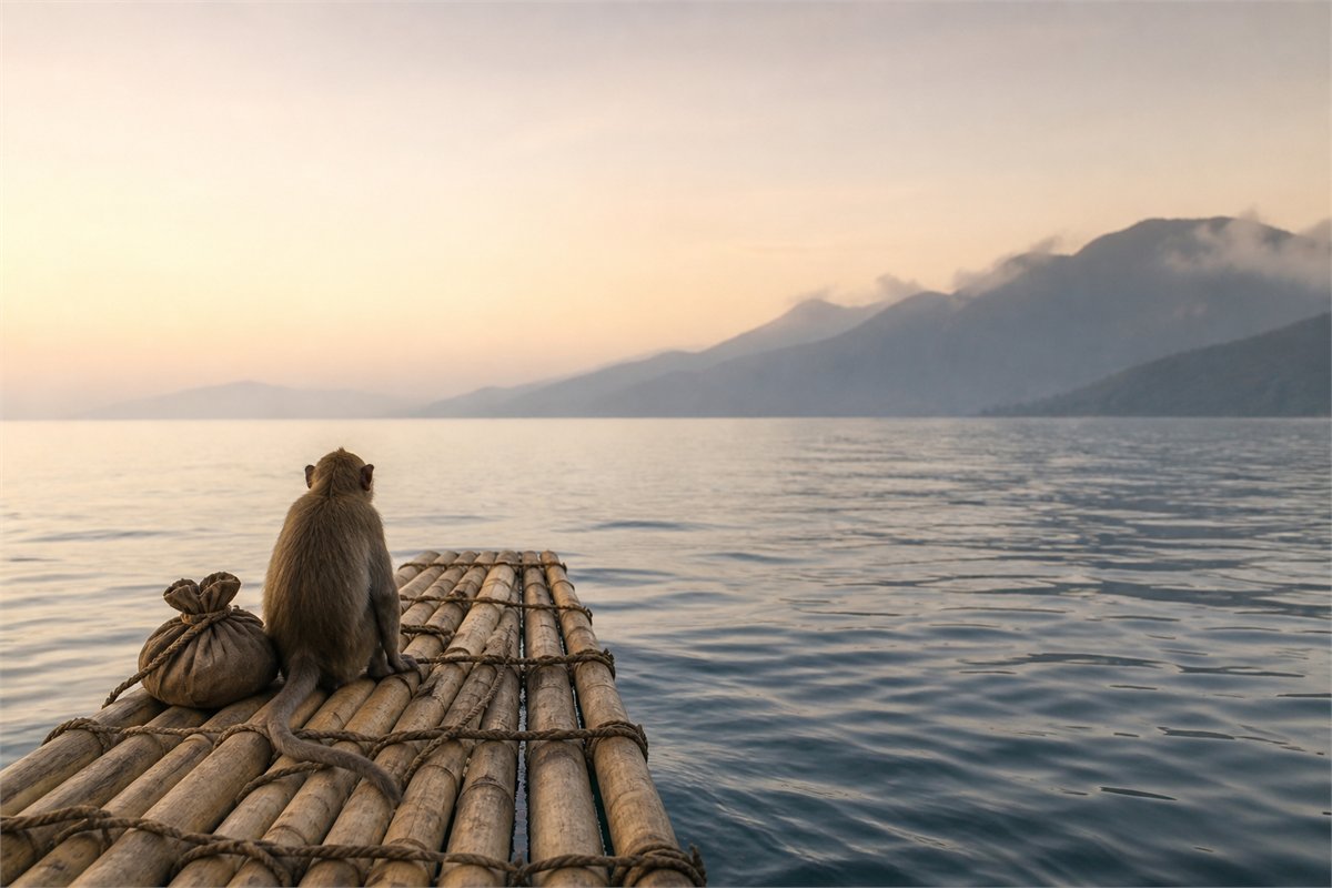 A natural monkey traveling alone on a bamboo raft toward distant mountains