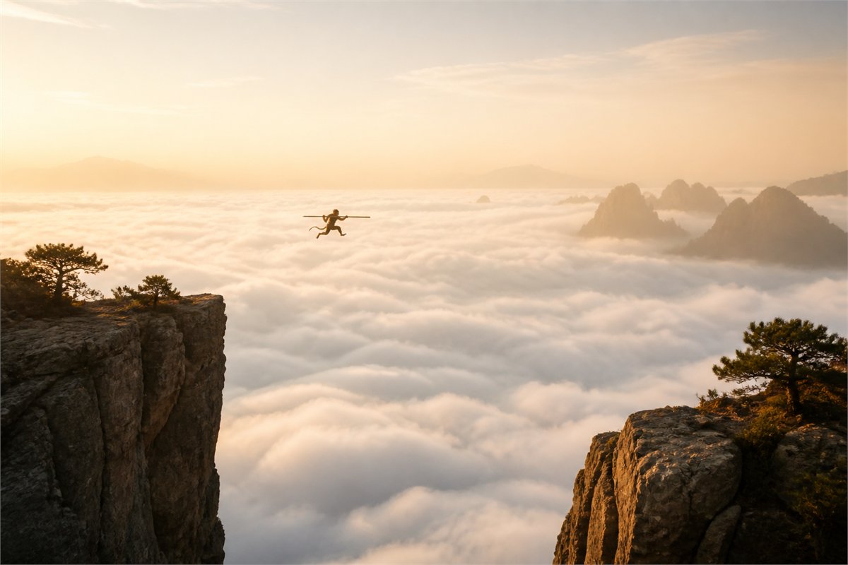 A distant natural monkey leaping with a plain staff above a sea of clouds