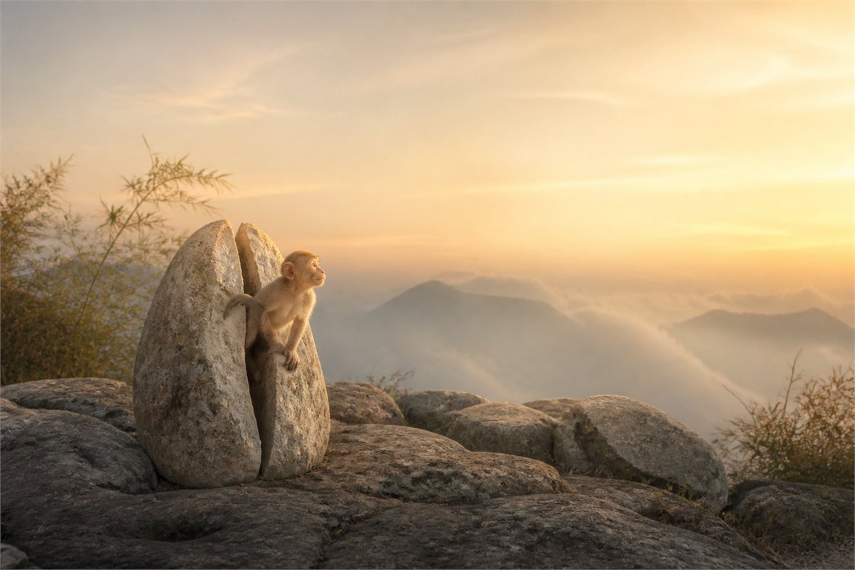 A natural young monkey emerging beside a split stone in warm mountain light