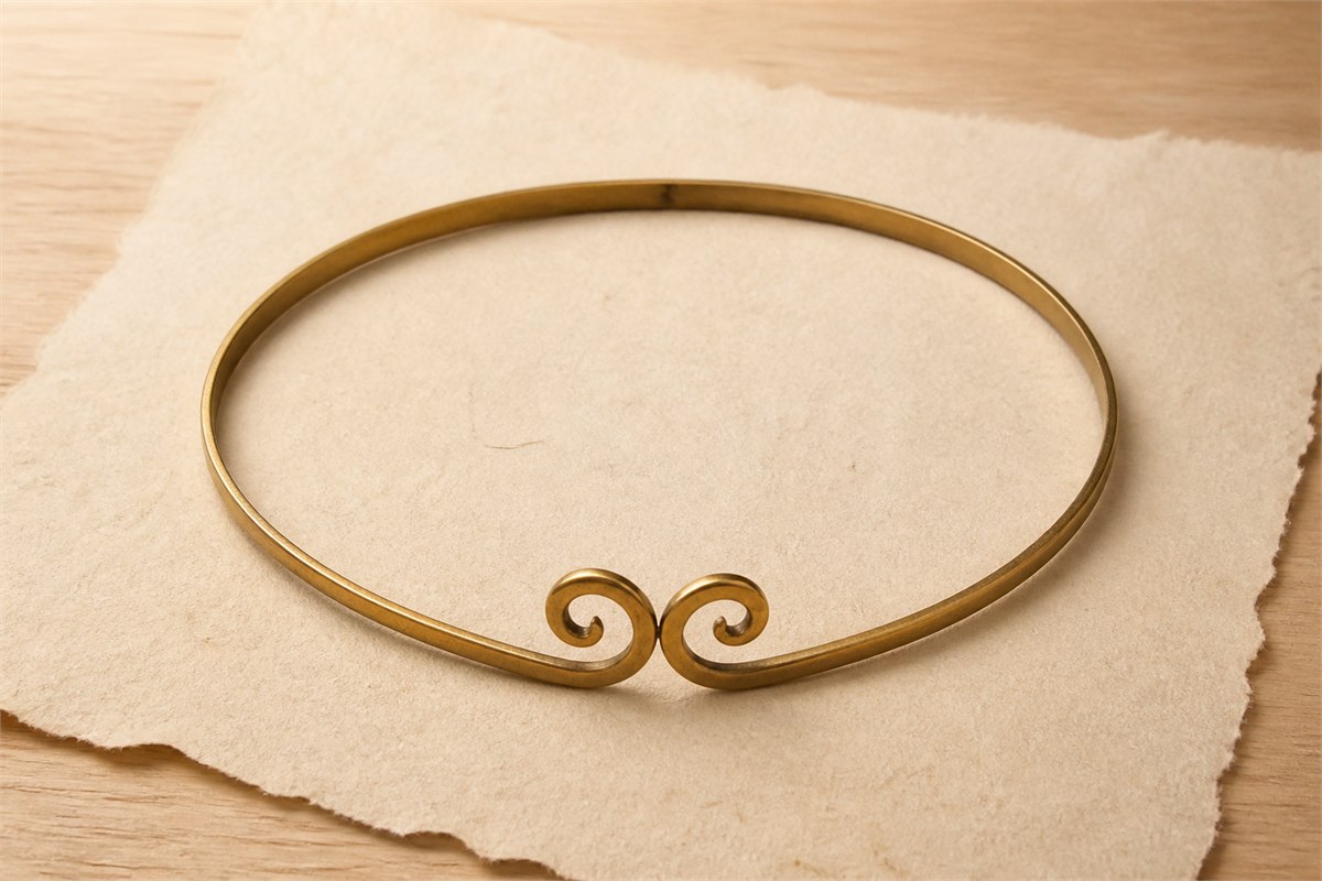 A single simple golden metal forehead fillet on warm handmade paper