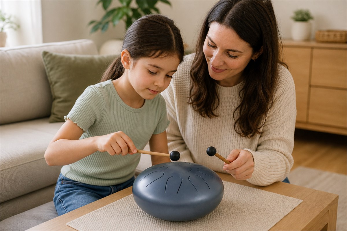 School-age child playing a steel tongue drum with soft mallets beside an attentive adult