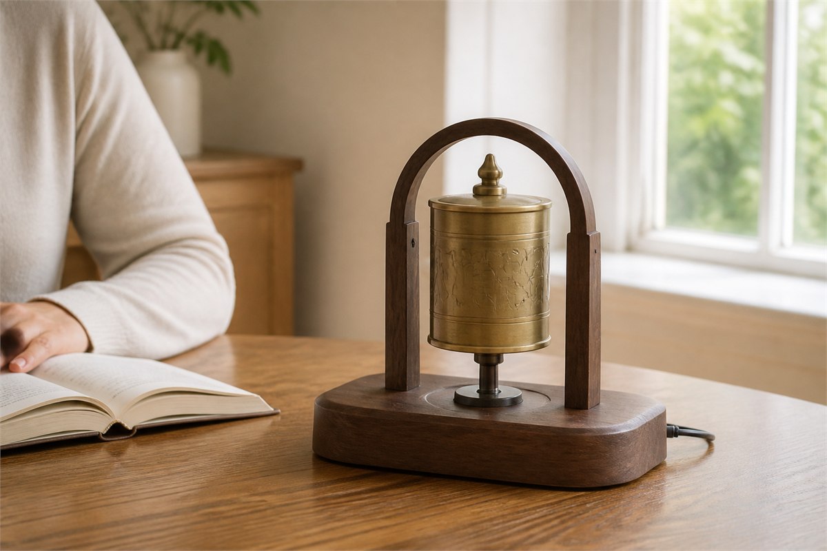 Modern brass tabletop prayer wheel on a stable wooden base beside an adult reader